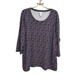 Weekends by Chico's Purple Animal Print 3/4 Sleeve Tunic Top Size 4 XXL 2XL
